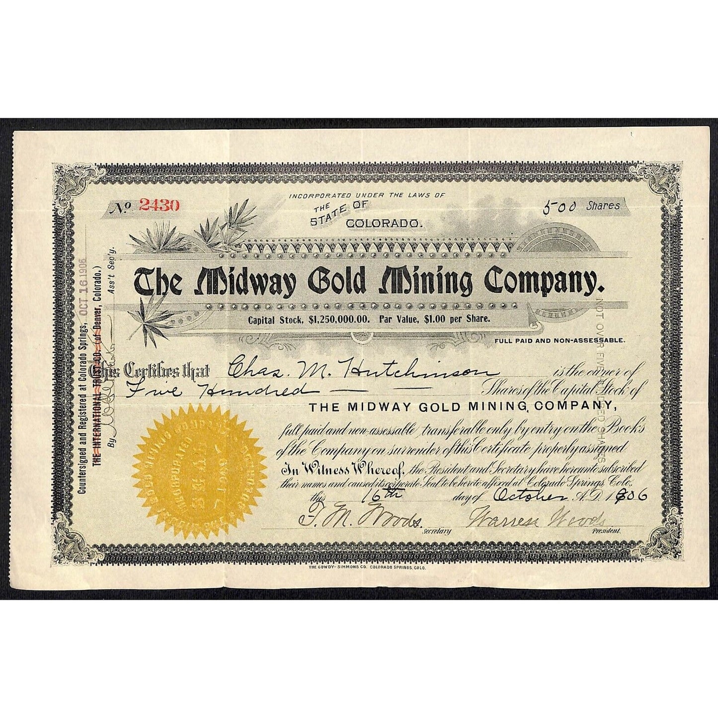Midway Gold Mining Co. 1906 Stock Certificate w/ Warren Woods Sig. #2430