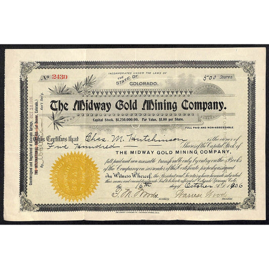 Midway Gold Mining Co. 1906 Stock Certificate w/ Warren Woods Sig. #2430
