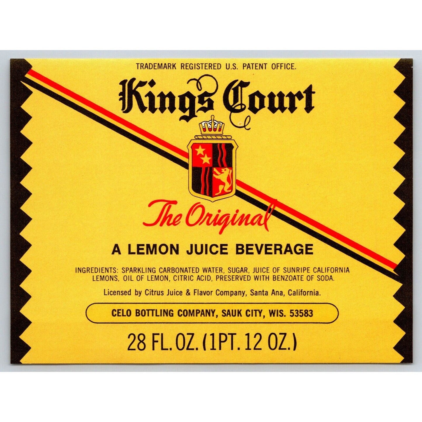 King's Court Lemon Juice Beverage Paper Label Cleo Bottling Sauk City c1965-70's