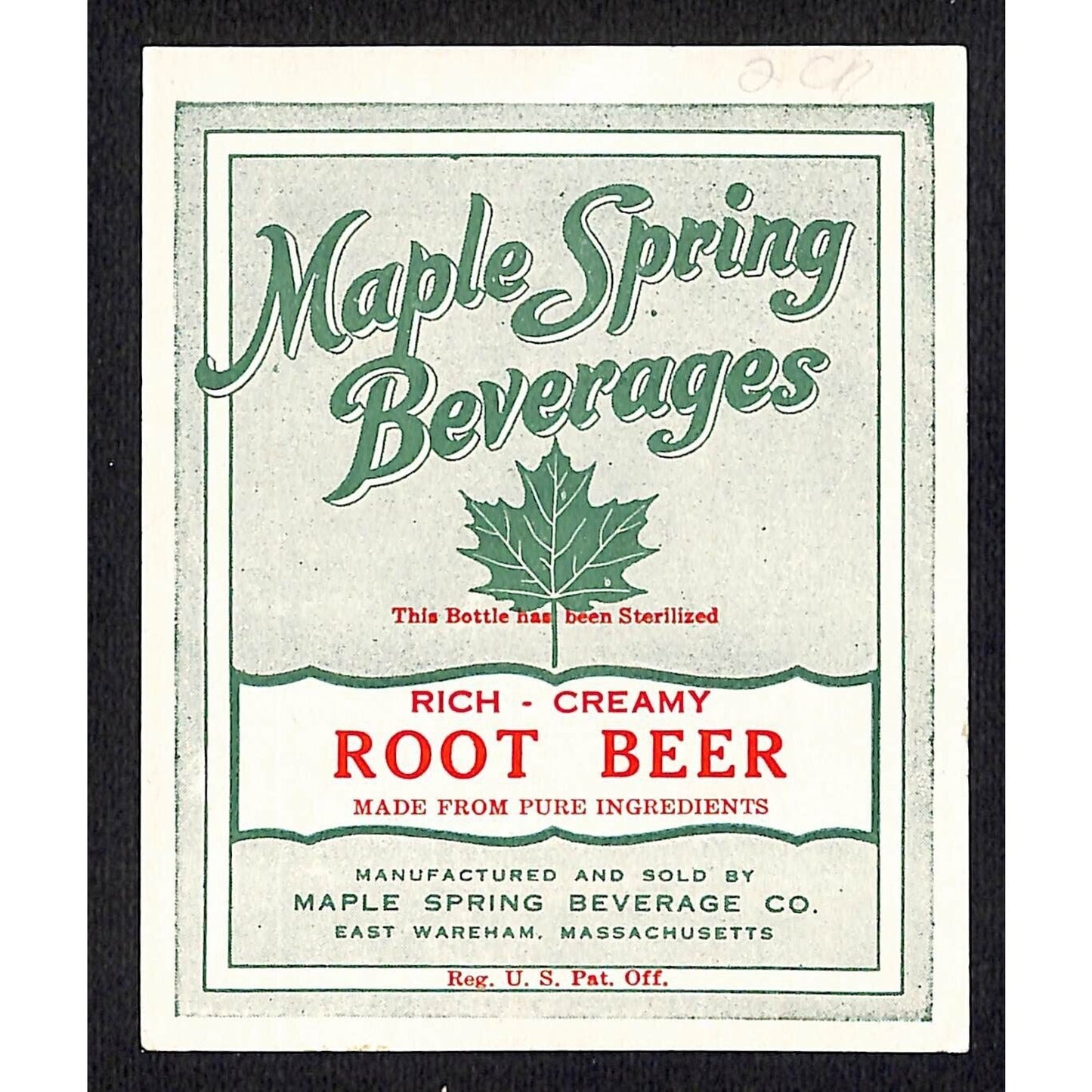 Maple Spring Beverages Root Beer Soda Label East Wareham, MA c1920's VGC Scarce