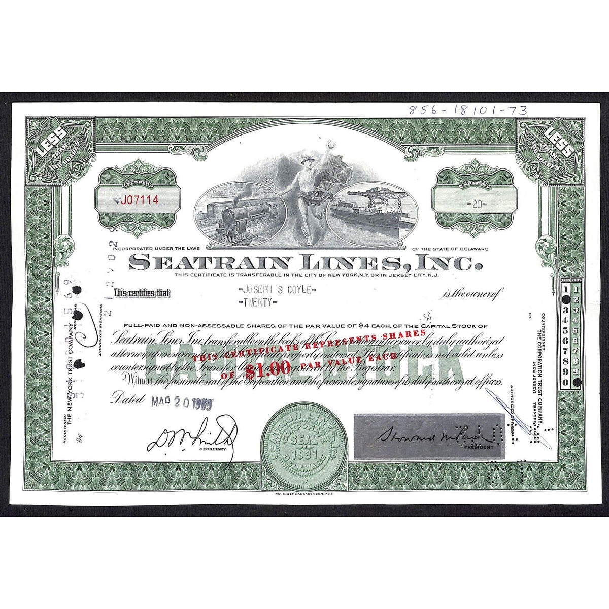 Seatrain Lines 1969 Stock Certificate Transportation Locomotive & Freight Ship