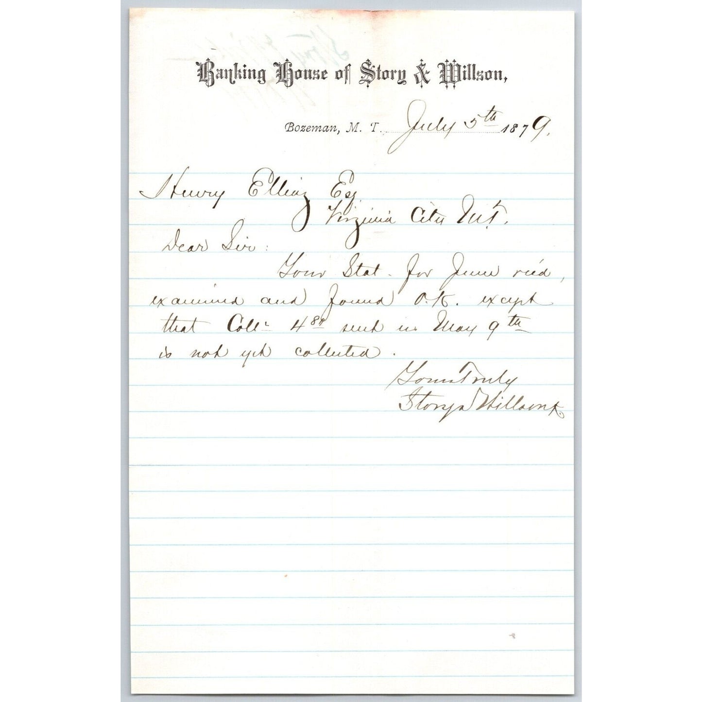 Banking House of Story & Nelson Bozeman, MT 7/5 1879 Letterhead Henry Elling*