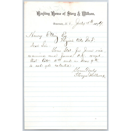 Banking House of Story & Nelson Bozeman, MT 7/5 1879 Letterhead Henry Elling*