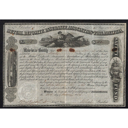 Mutual Depostte Insurance Association of Philadelphia 1865 Stock Certificate