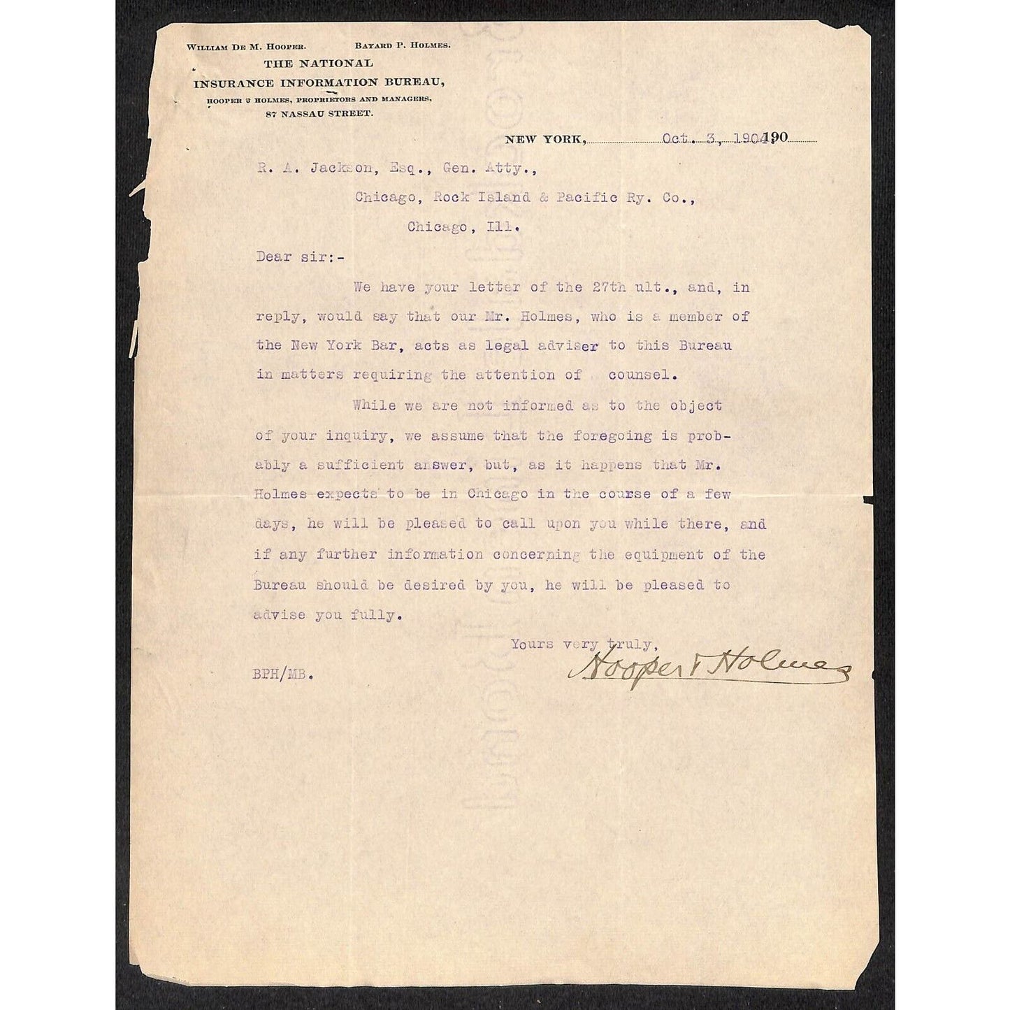 National Insurance Information Bureau 1904 Letterhead to CRI&P Ry