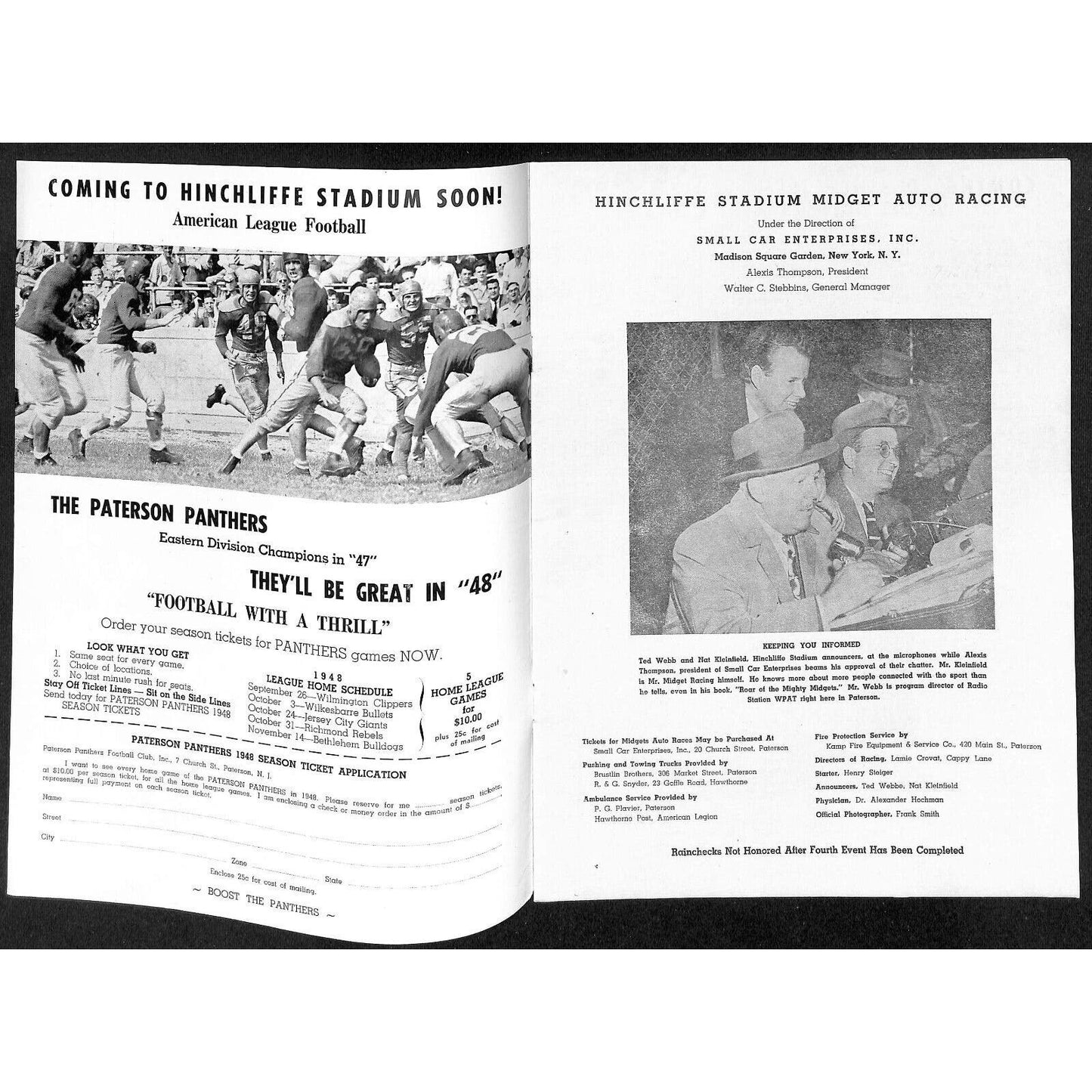 Hinchliffe Stadium Midget Auto Races 7/16 1948 Program Len Duncan 8p VGC Scarce
