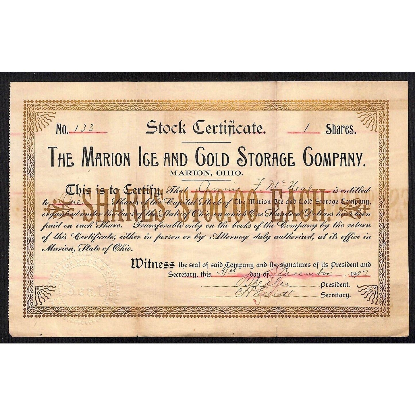 Marion Ice and Cold Storage Co. Ohio 1907 Stock Certificate #133 Scarce