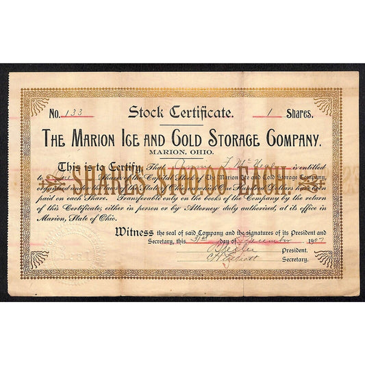 Marion Ice and Cold Storage Co. Ohio 1907 Stock Certificate #133 Scarce