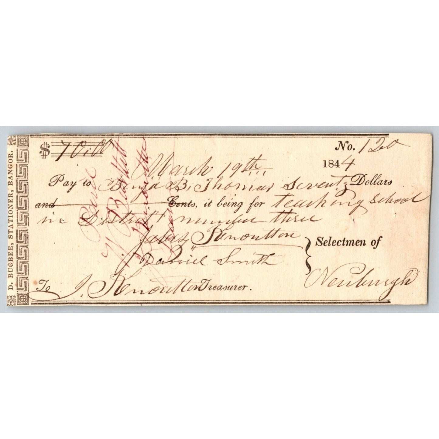 1844 Jabez Knowlton* Newburgh ME Town Check to Benjamin B. Thomas for Teaching