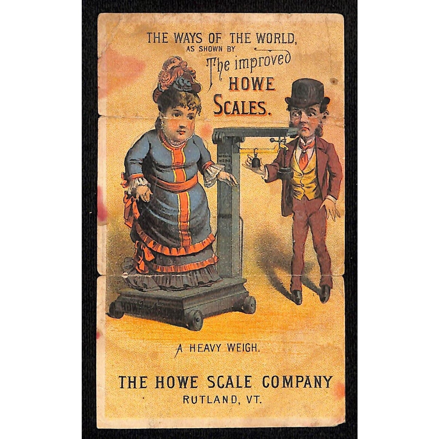 Howe Scale Company Funny Flip-Down Panel Victorian Trade Card - Scarce