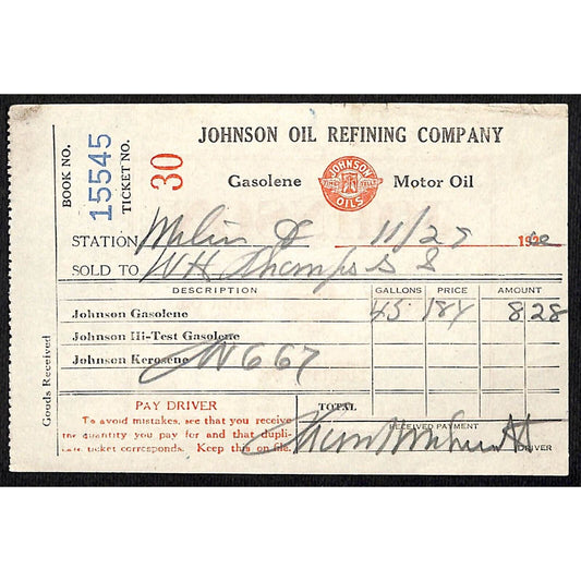Johnson Oils Gasoline Kerosene 1926 W. H. Thompson Melvin IL Station Receipt #30