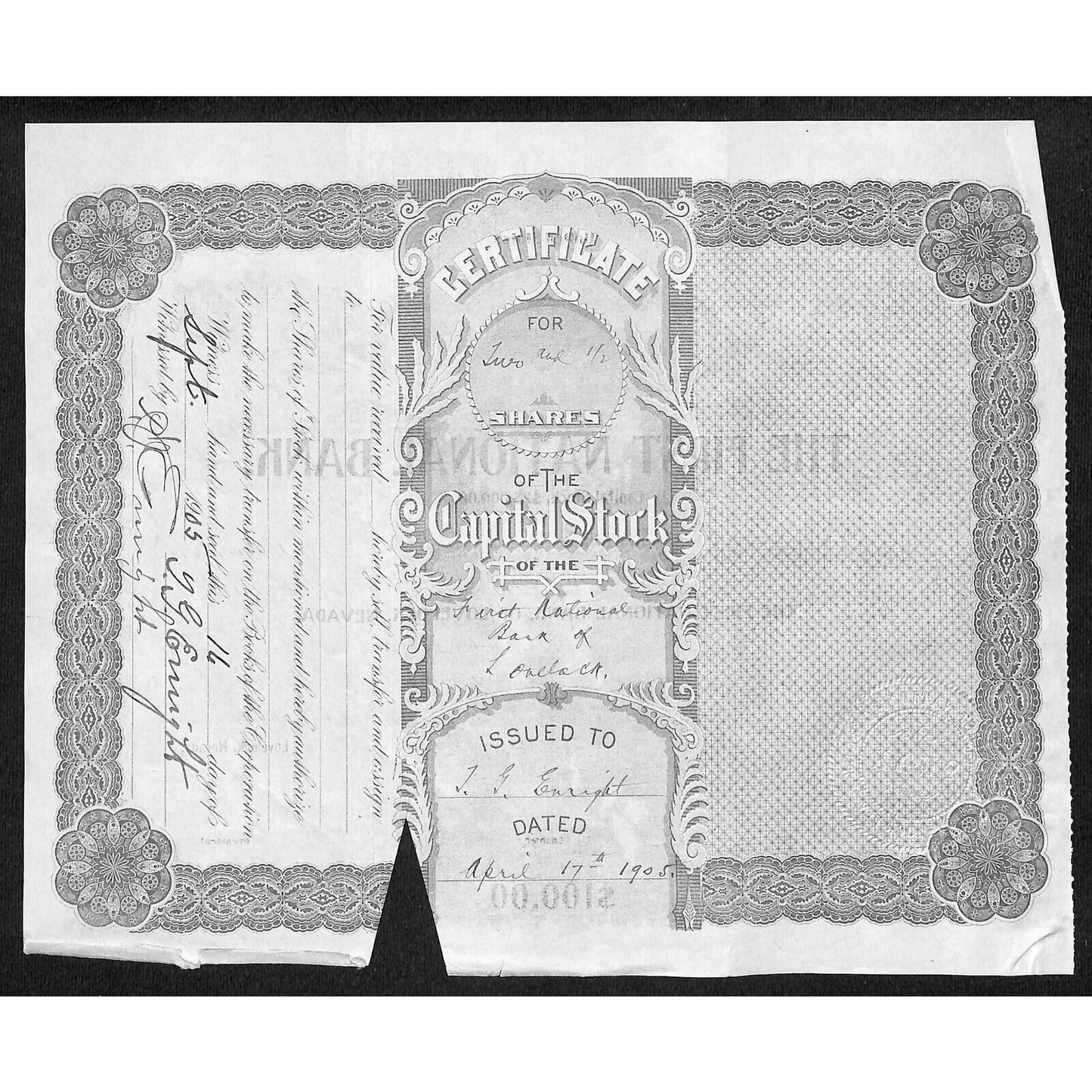 First National Bank of Lovelock, NV 1905 Stock Certificate to P.J. Enright * #21