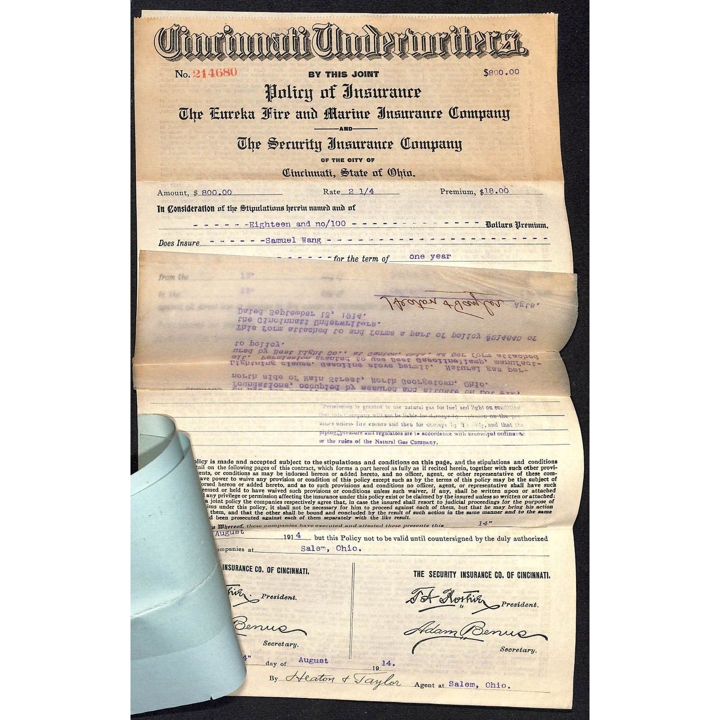 Heaton & Taylor Insurance Salem Samuel Wang Co* North Georgetown 1915 Policy