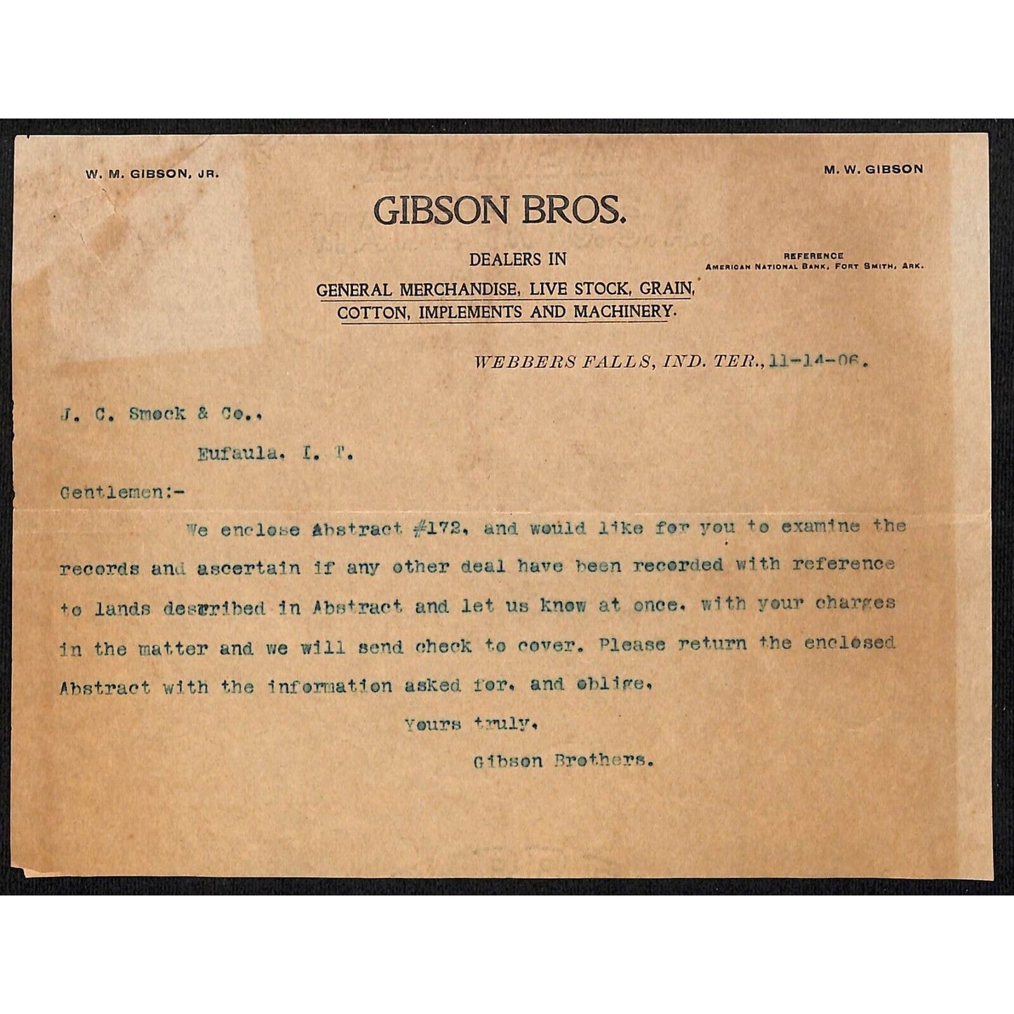 Gibson Bros. Gen Mdse Livestock Webbers Falls Indian Territory 1906 Letterhead