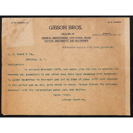Gibson Bros. Gen Mdse Livestock Webbers Falls Indian Territory 1906 Letterhead