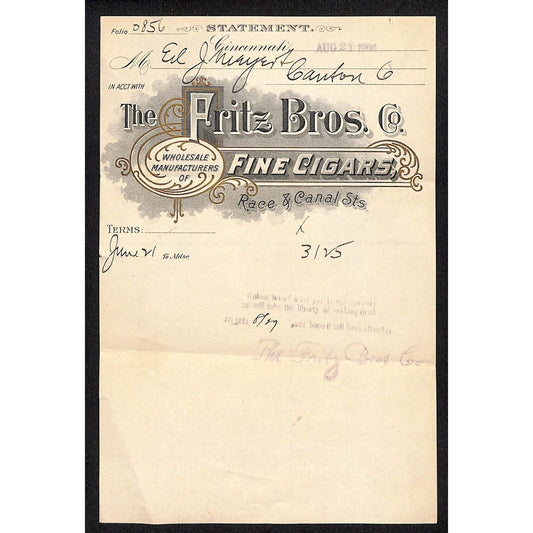 Fritz Bros. Fine Cigars Race & Canal Cincinnati 1906 Statement / Billhead VGC