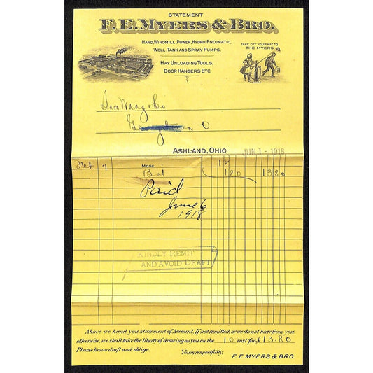 F.E. Meyers & Bro. Ashland, OH 1918 Statement Samuel Wang* N. Georgetown , OH