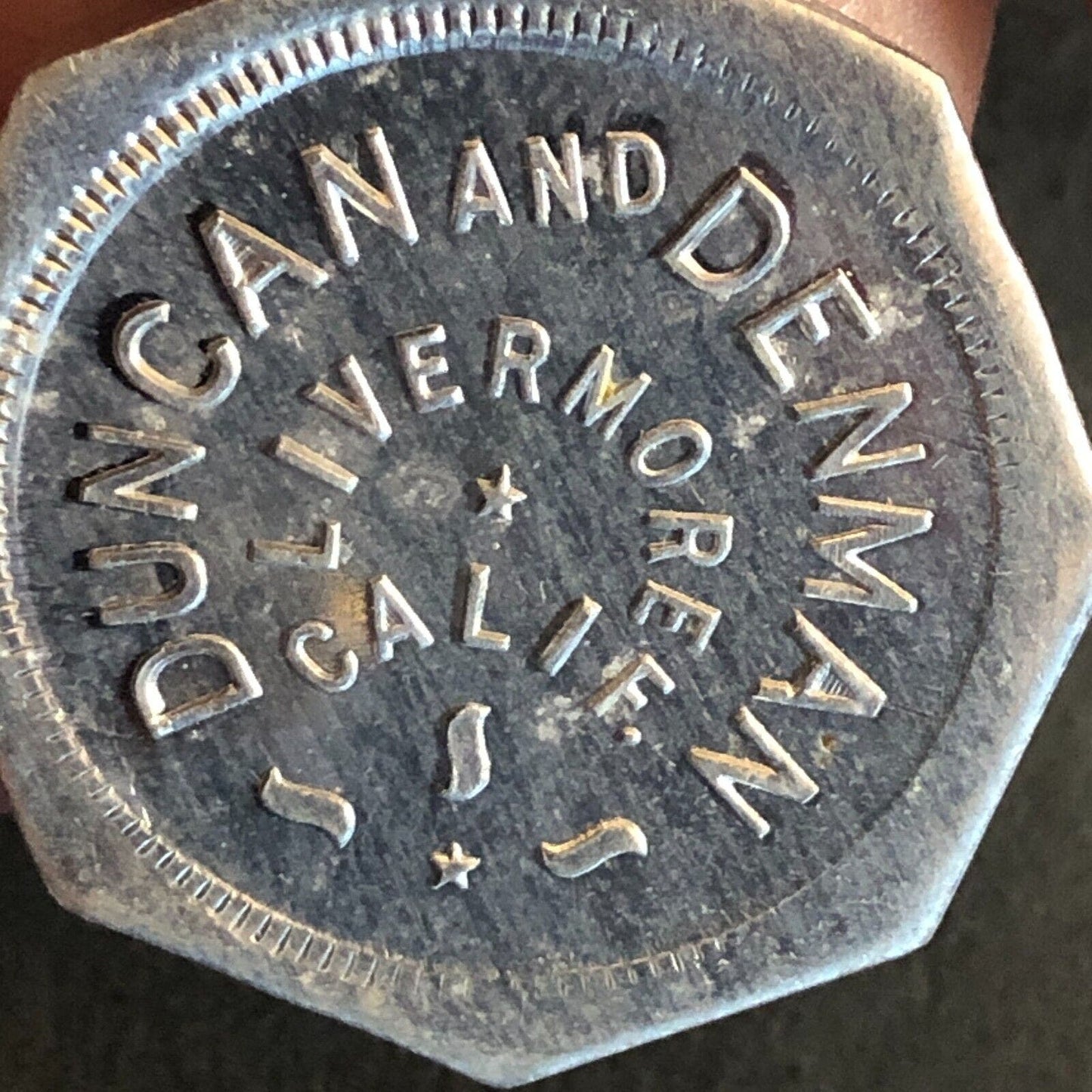 Duncan and Denman Livermore CA Cigars? Trade Token Alum G/F 12 1/2¢ 25mm VGC