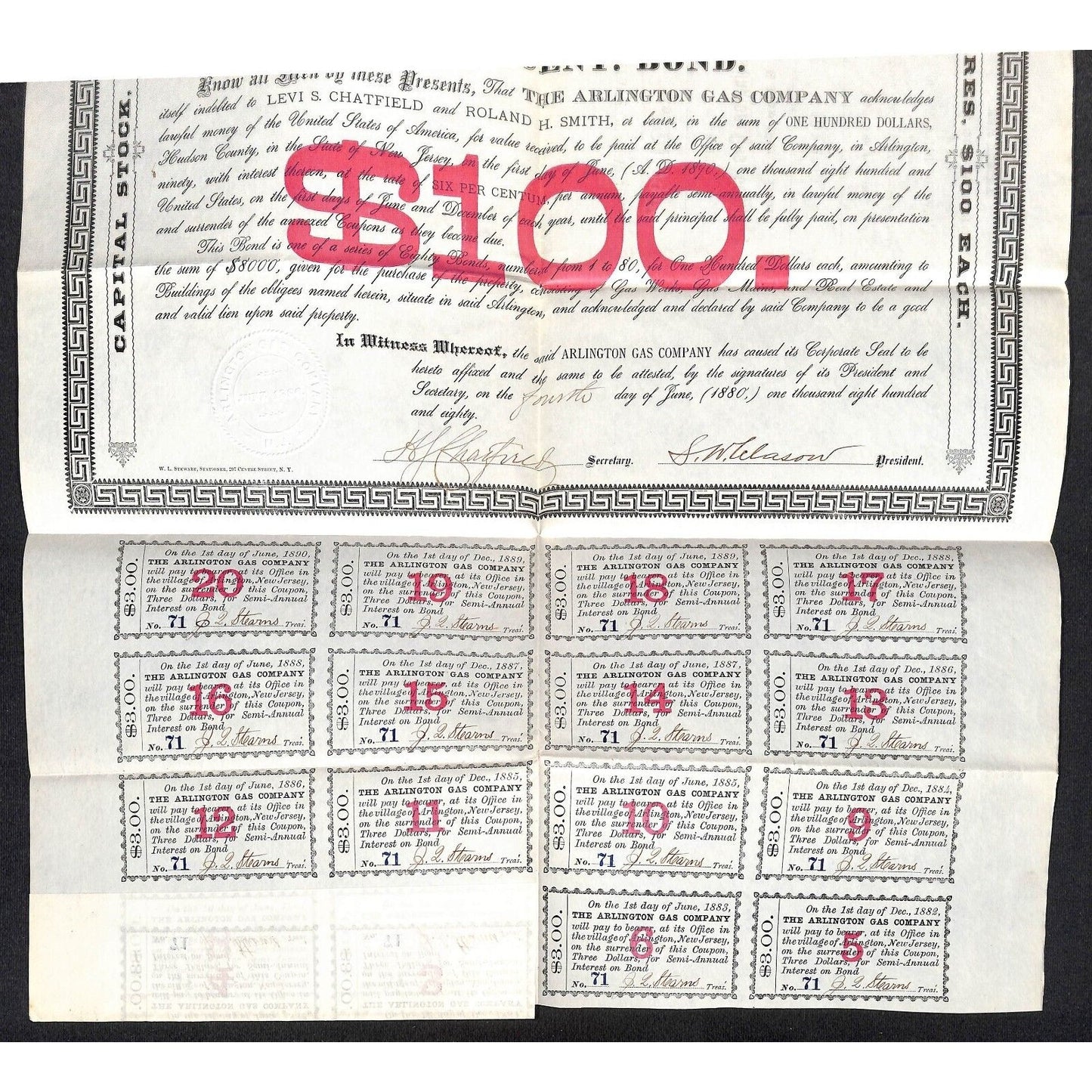 Arlington Gas Company New Jersey 1880 $100 Bond Certificate Scarce VGC