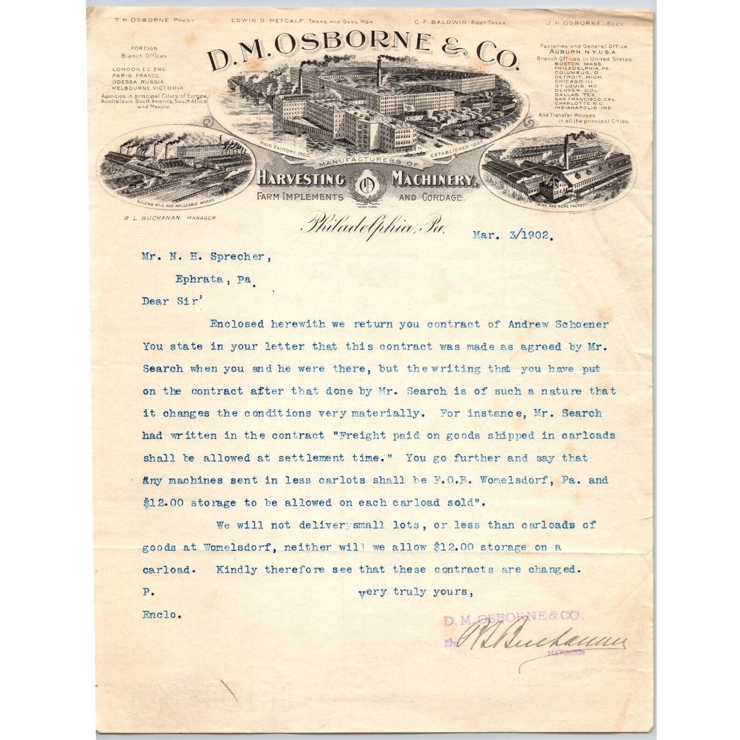 D.M. Osborne & Co. (IH*) Harvesting Machinery 1902 Letterhead re: Contract