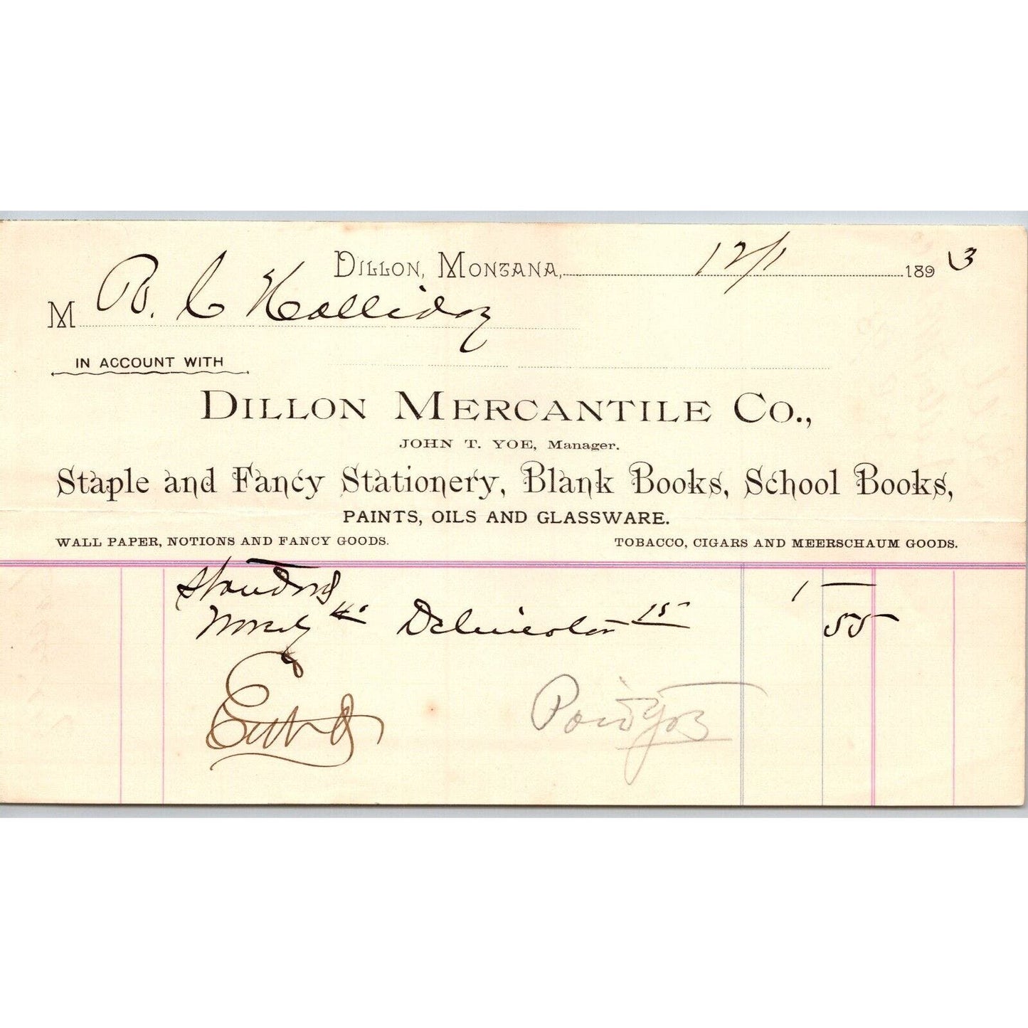 Dillon, MT Dillon Mercantile Co. Stationary Books 1893 Billhead R.C. Halliday*