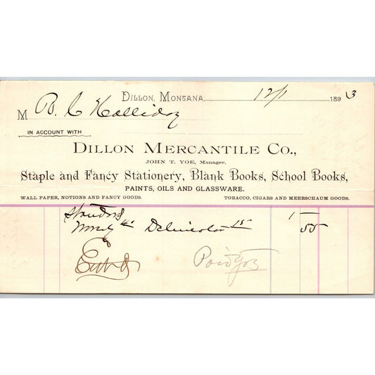Dillon, MT Dillon Mercantile Co. Stationary Books 1893 Billhead R.C. Halliday*