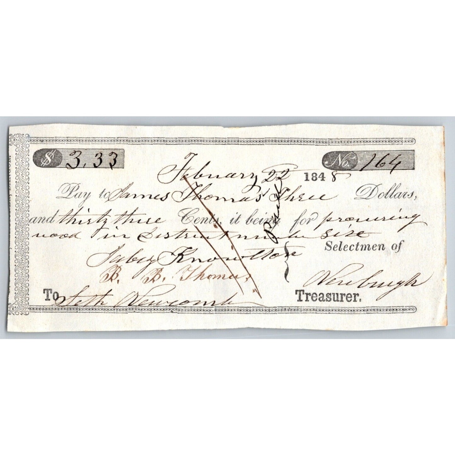 1847 Jabez Knowlton* Newburgh ME Check to James Thomas "Providing Wood..."