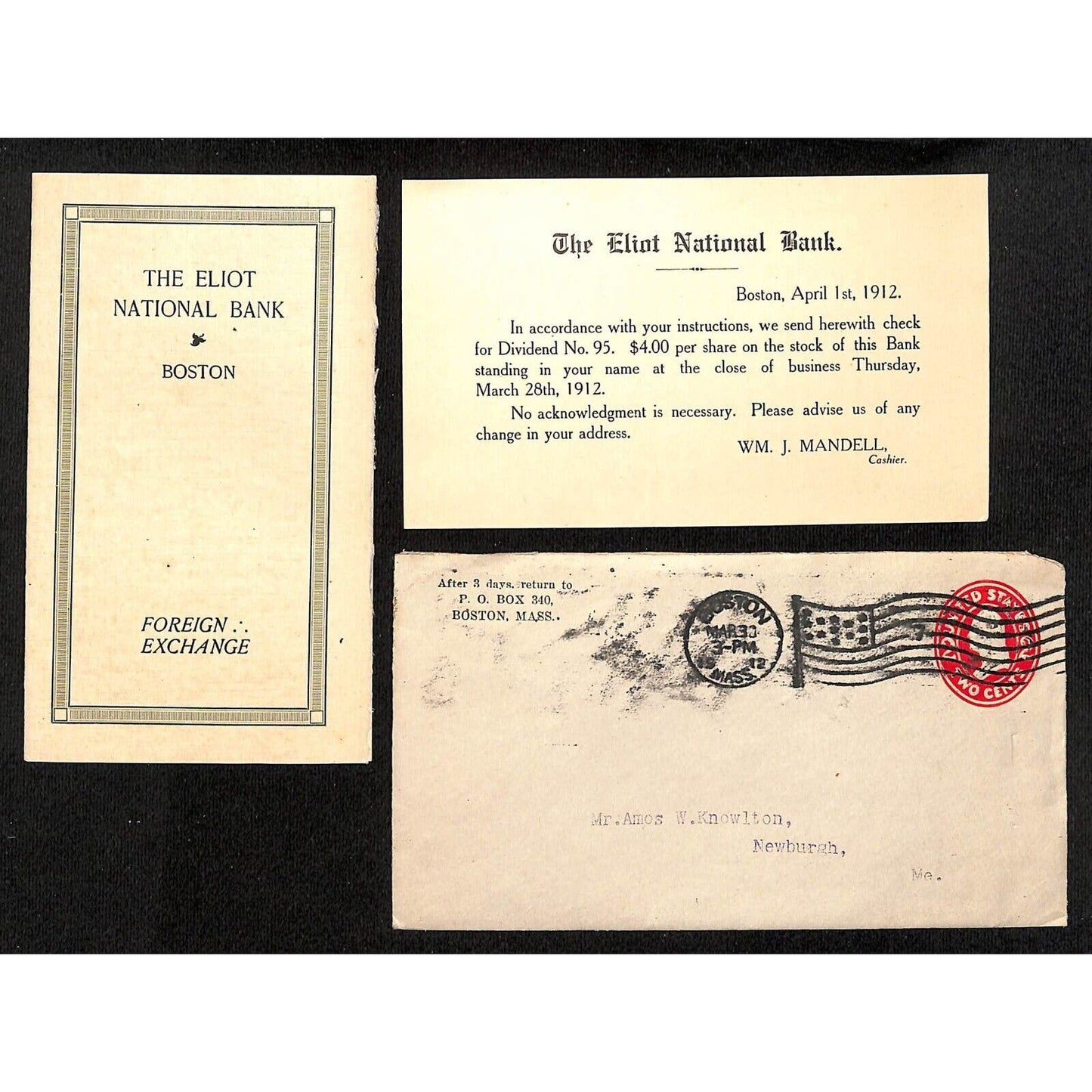 Boston Eliot National Bank 1912 Dividend Notice Card & Forex Sheet Knowlton*