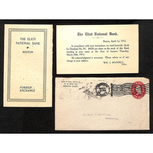 Boston Eliot National Bank 1912 Dividend Notice Card & Forex Sheet Knowlton*