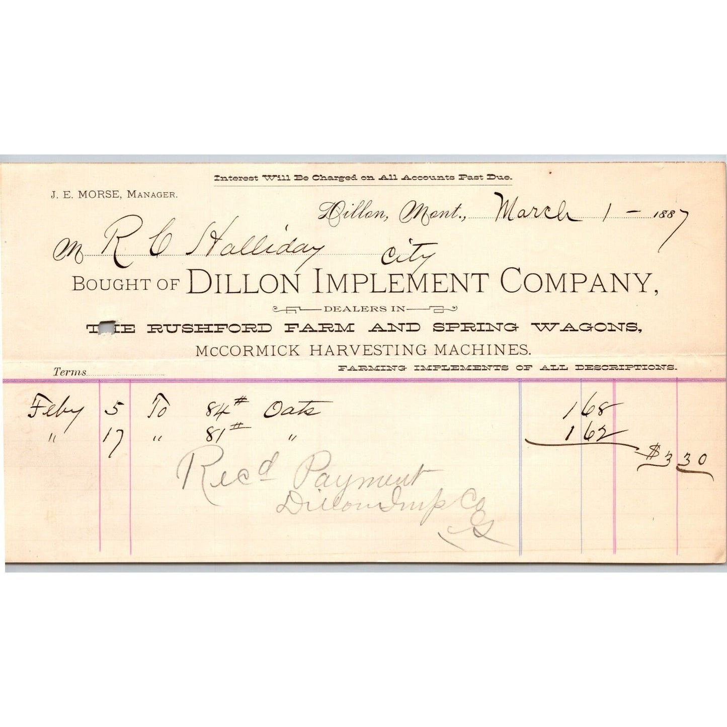 Dillon, MT Dillon Implement Co. Rushford Wagons 1887 Billhead R.C. Halliday*