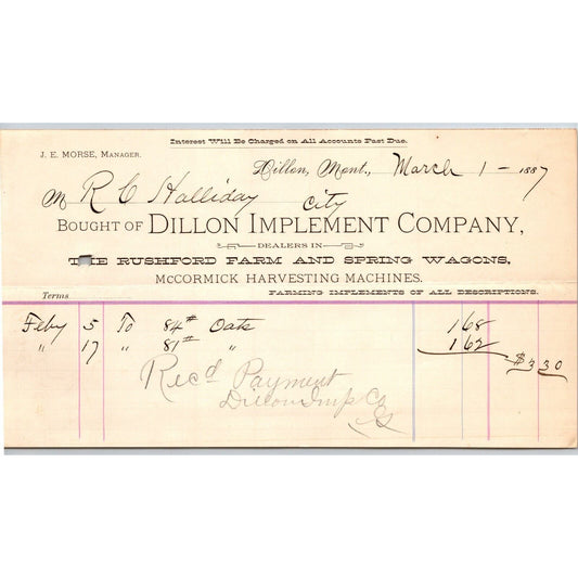 Dillon, MT Dillon Implement Co. Rushford Wagons 1887 Billhead R.C. Halliday*