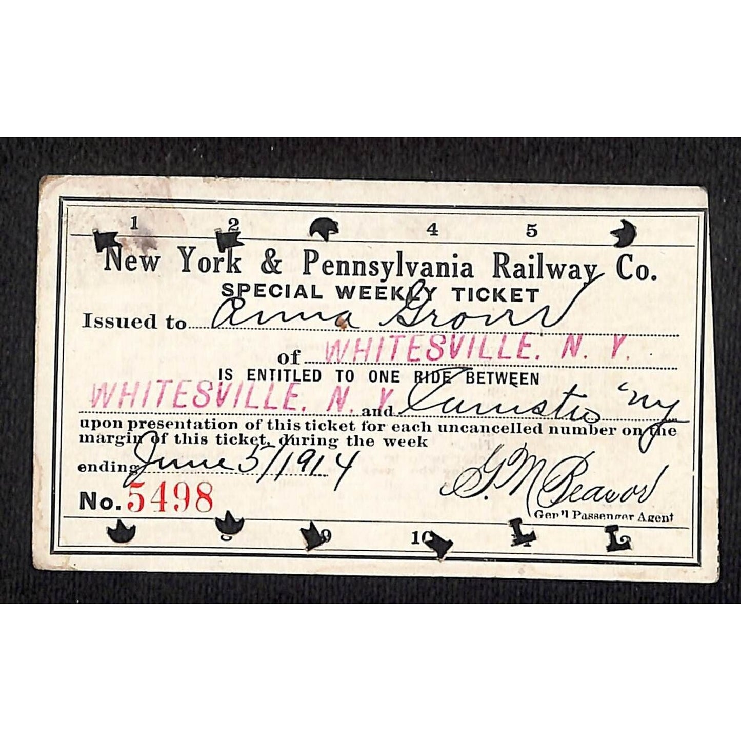 New York & Pennsylvania Ry 1914 Special Weekly Ticket Scarce #5498