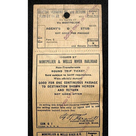Montpelier and Wells River Railroad Unused Round Trip Ticket Scarce c1941 #44