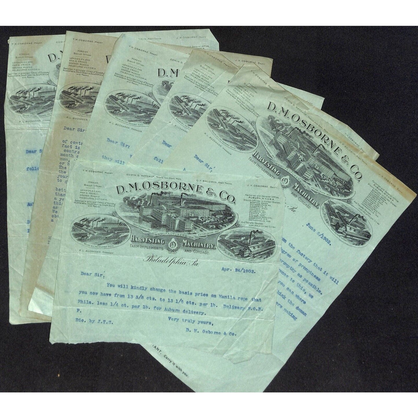 Group of 6 D.M. Osborne & Co. Harvesting Machines Phila. Green 1902 Letterheads