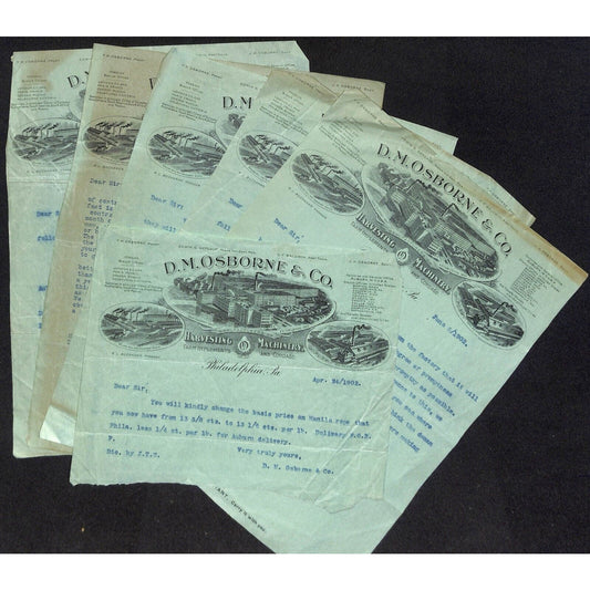 Group of 6 D.M. Osborne & Co. Harvesting Machines Phila. Green 1902 Letterheads