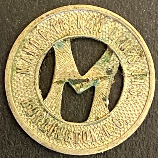 M and B Transit Lines Burlington NC G/F One Fare Transit Token 16mm (#4)