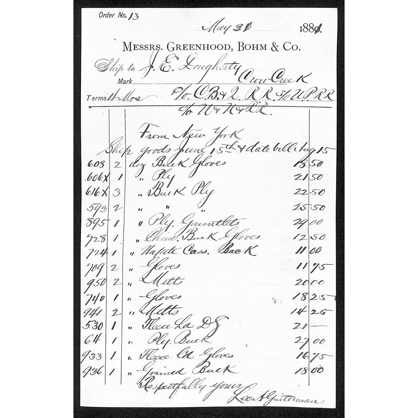 Greenhood, Bohm & Co. 1881 Billhead to J.E. Daugherty Crow Creek, MT