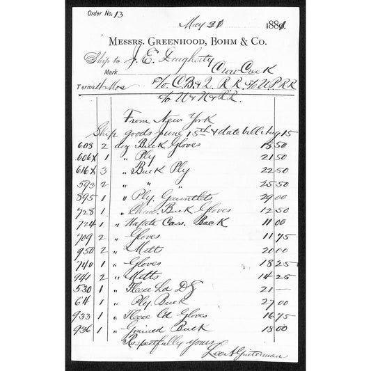 Greenhood, Bohm & Co. 1881 Billhead to J.E. Daugherty Crow Creek, MT