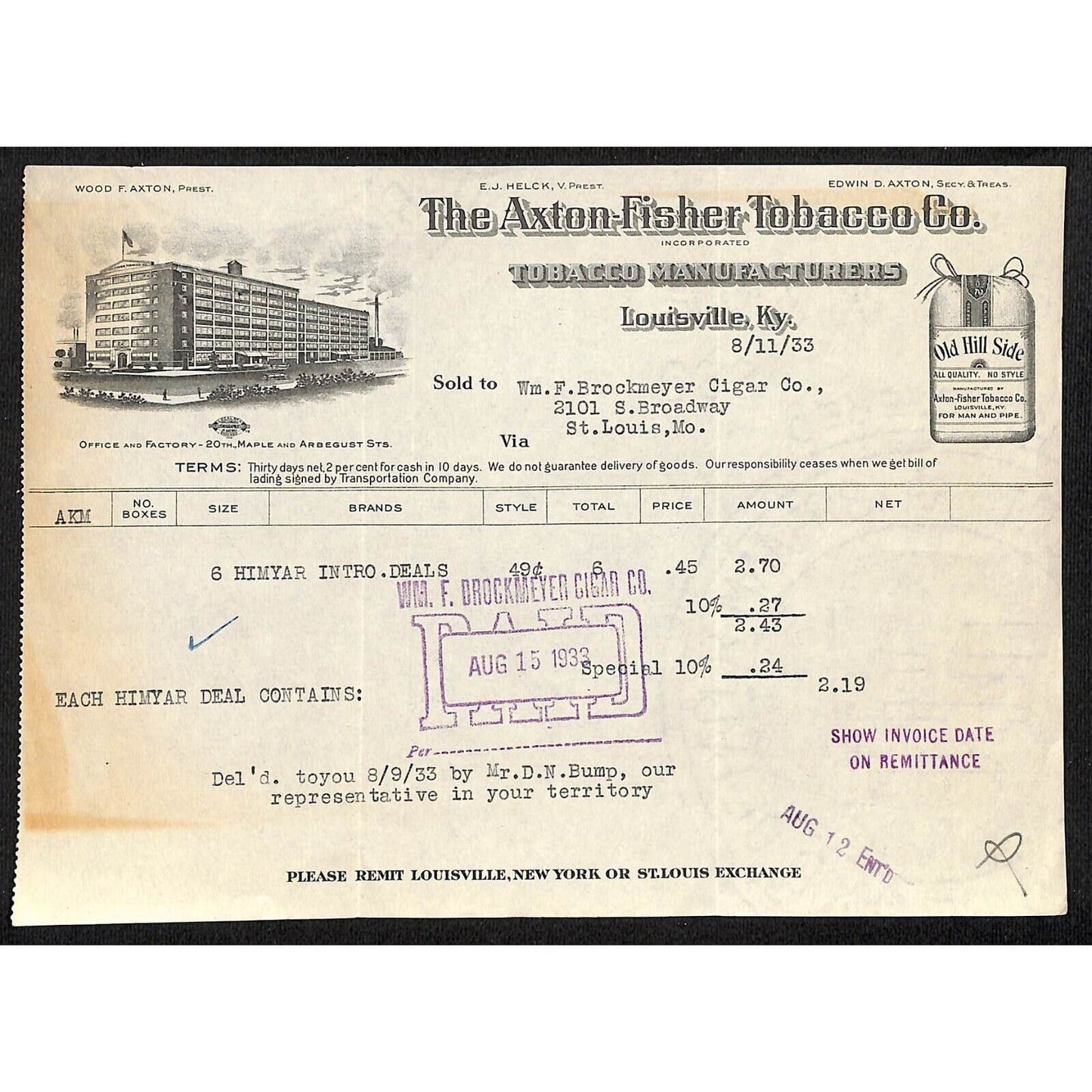 Louisville, KY The Axton-Fisher Tobacco Co. "Old Hill Side" Aug 11 1933 Billhead