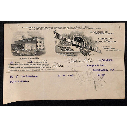 1903 Williamson Halsell Frasier Grocers Territorial Guthrie, OK Billhead Scarce
