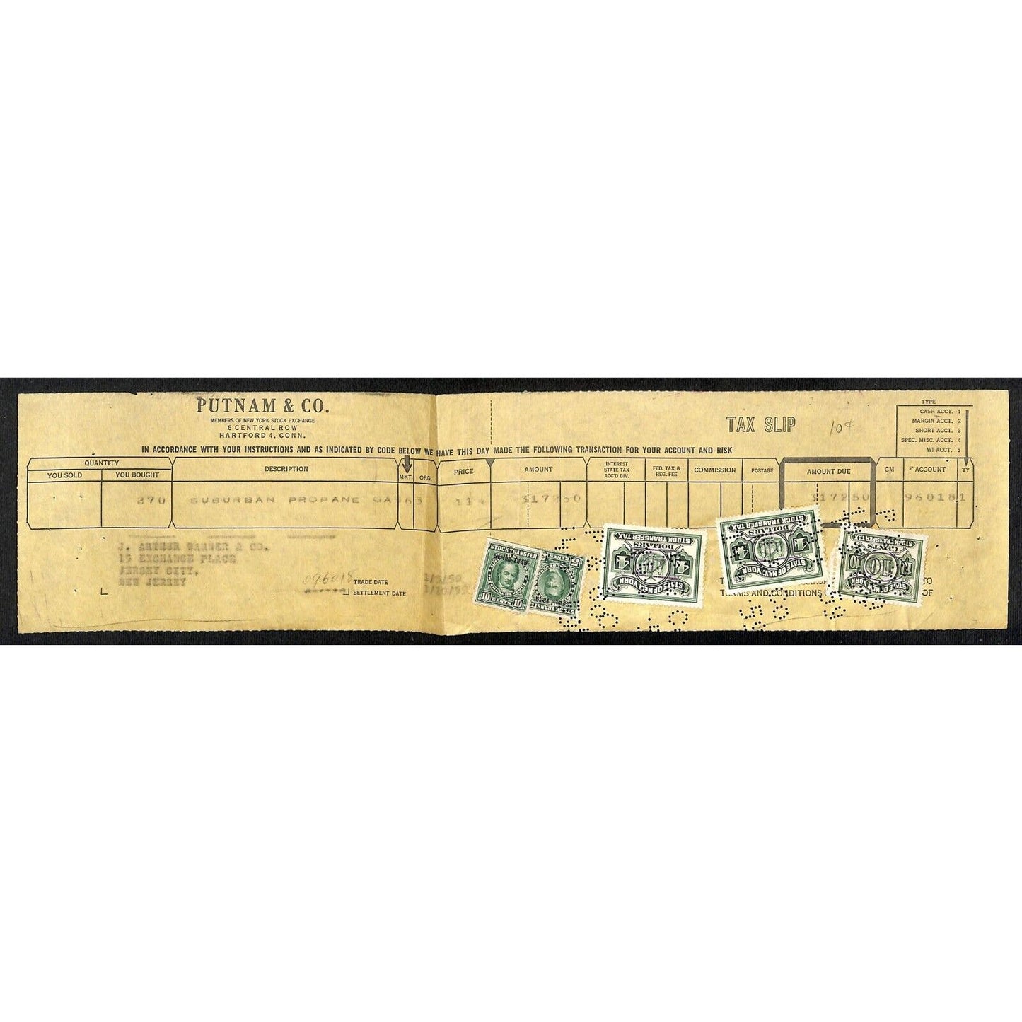 1950 Putnam & Co. Hartford, CT w/ Stock Transfer / Tax Stamps