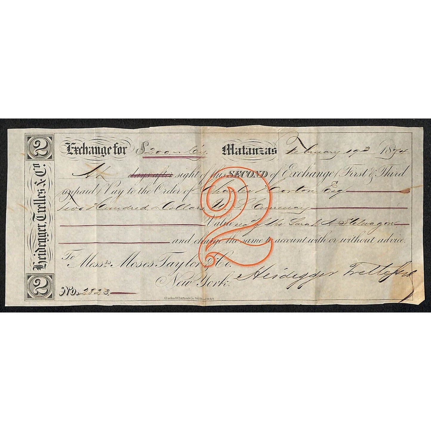 1874 "Second of Exchange" Certifictae $200 Heidegger Trelles & Co. Matanzas