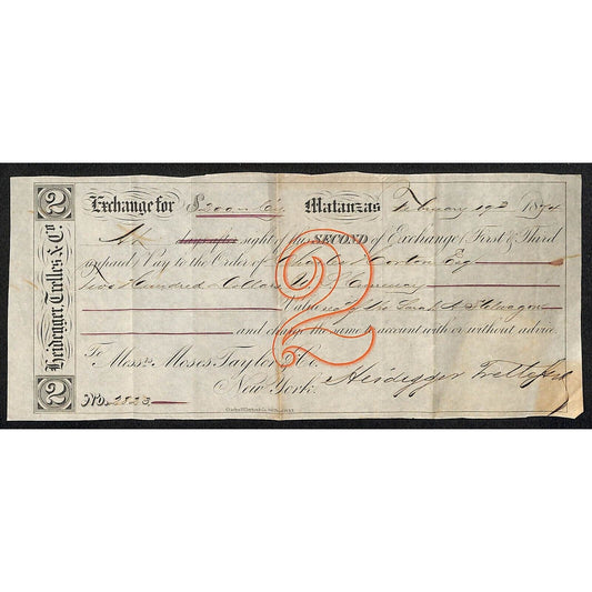 1874 "Second of Exchange" Certifictae $200 Heidegger Trelles & Co. Matanzas