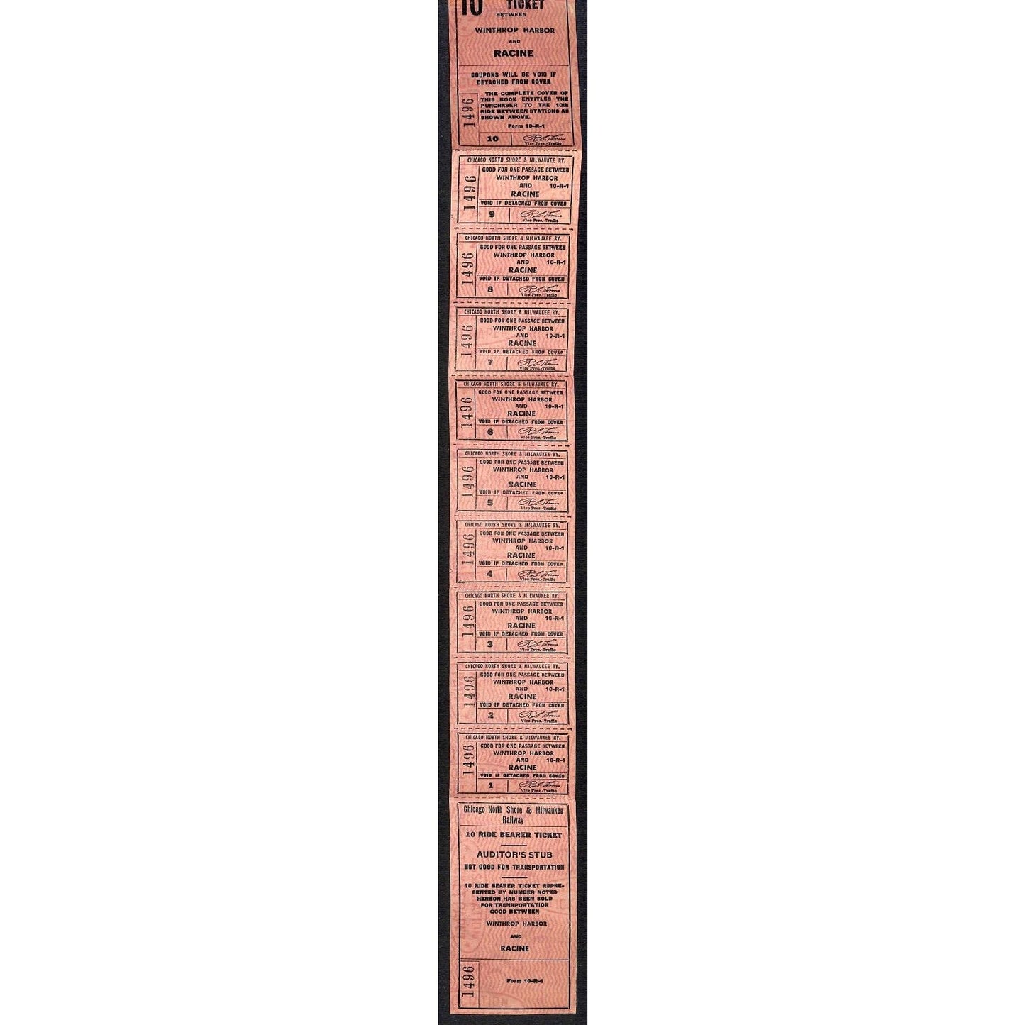 Chicago North 10 Ride Ticket Strip Complete Winthrop Harbor - Racine 21" #1496