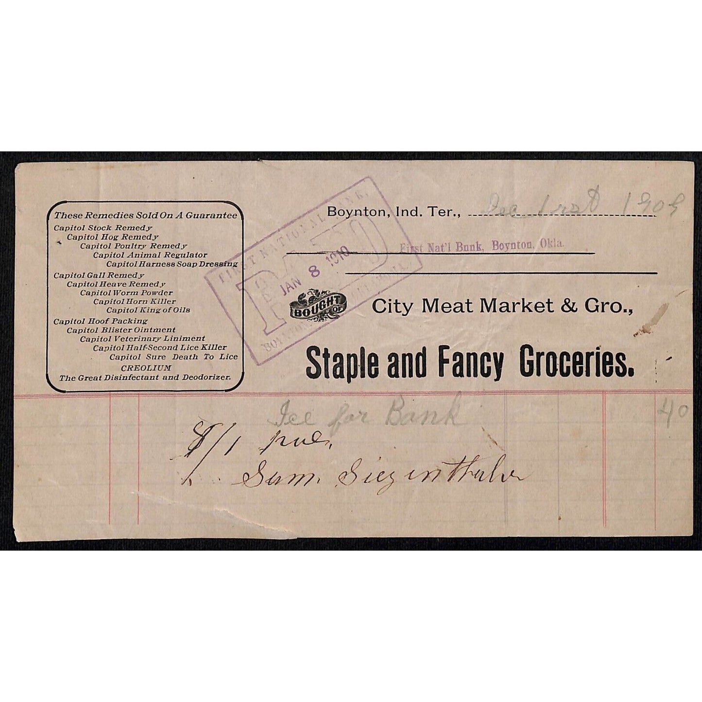 1909 City Meat Market & Co. Boynton, OK Indian Territory Billhead Scarce