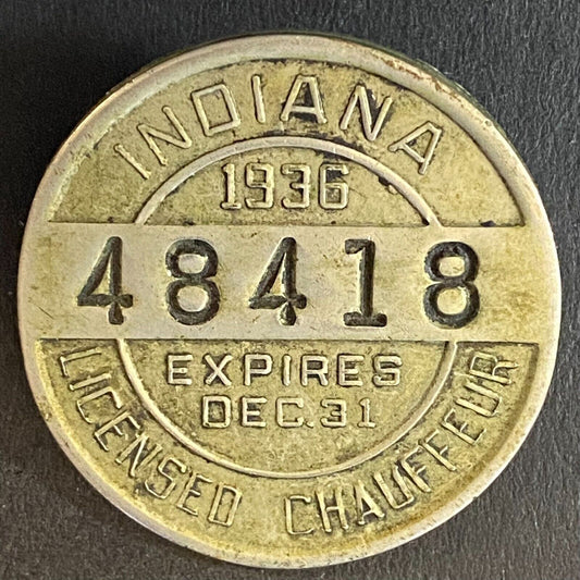 1936 Indiana Licensed Chauffeur Badge Metal Pin Back Driver #48418