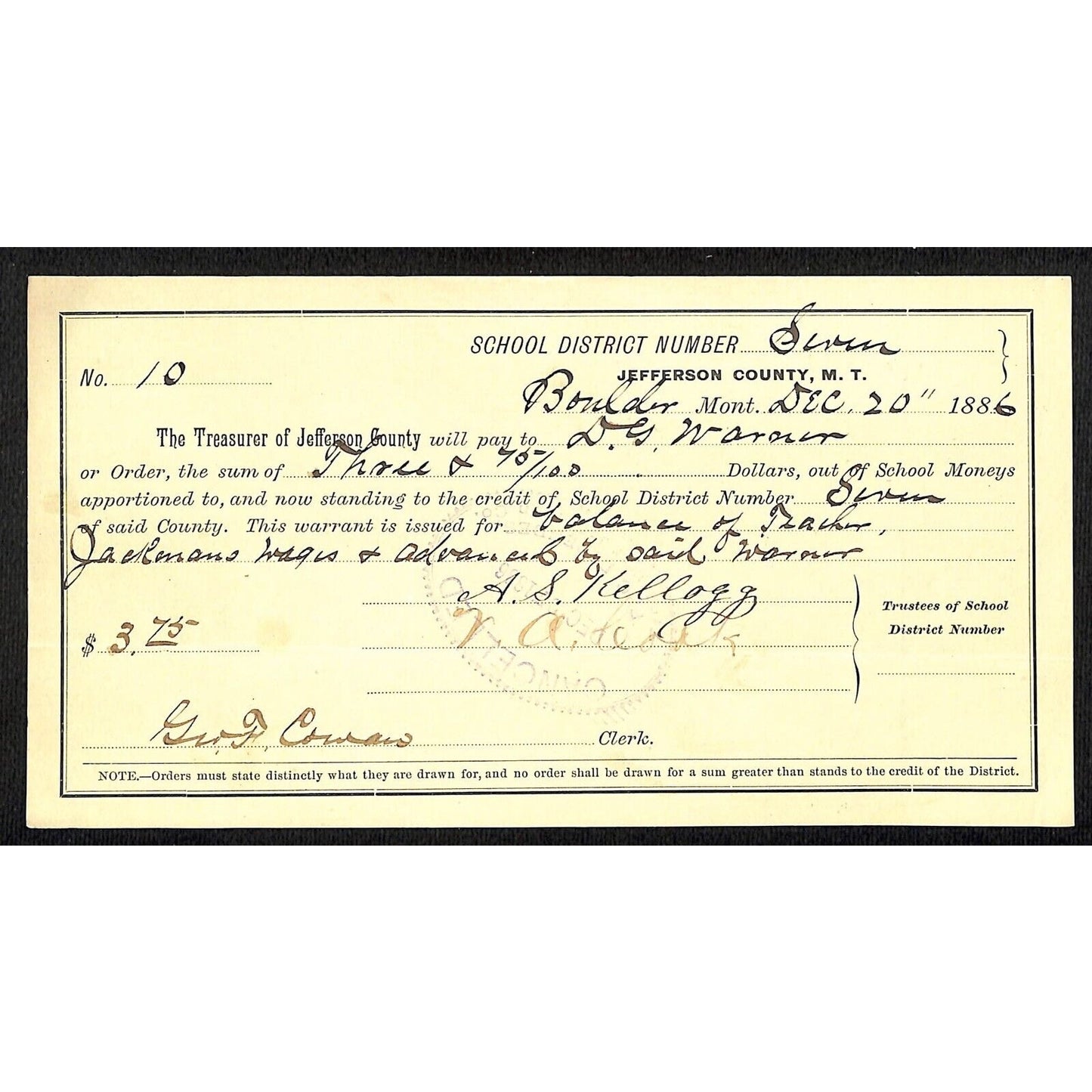 1886 Jefferson County Montana Territory School Warrant - for Teacher