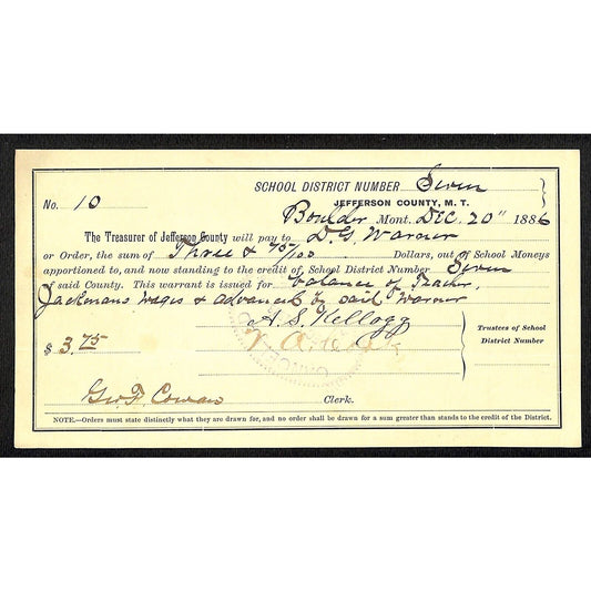 1886 Jefferson County Montana Territory School Warrant - for Teacher