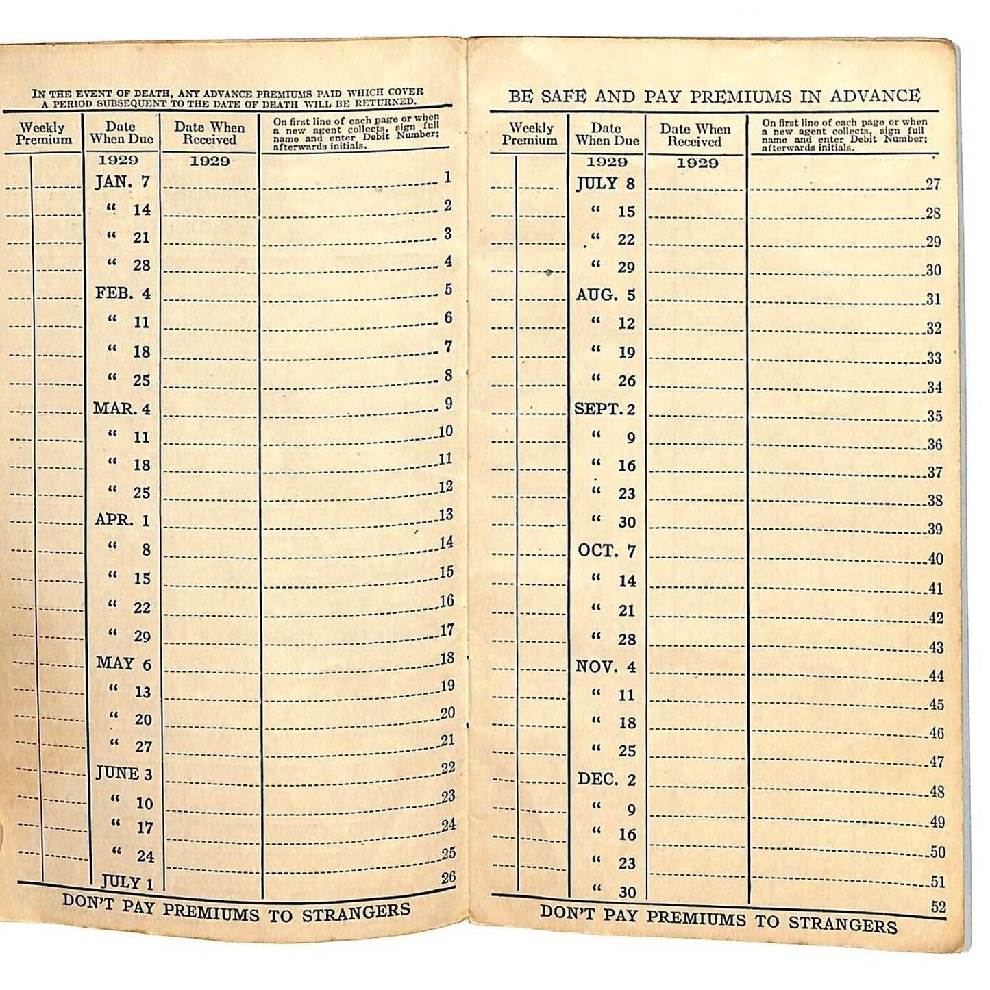 Metropolitan Life Ins. Weekly Premium Receipt Book 12pp 1929