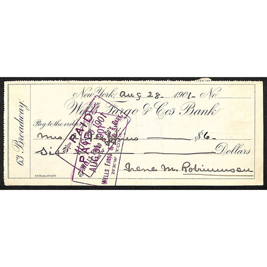 1901 Wells Fargo & Co Bank 63 Broadway NYC Check to A. Jefferies $6